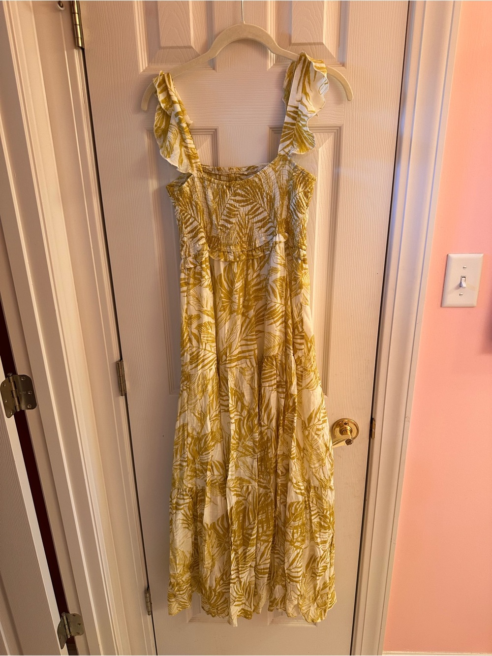 Nanette Lepore Yellow and White Palm-Print Ruffle Strap Maxi Dress